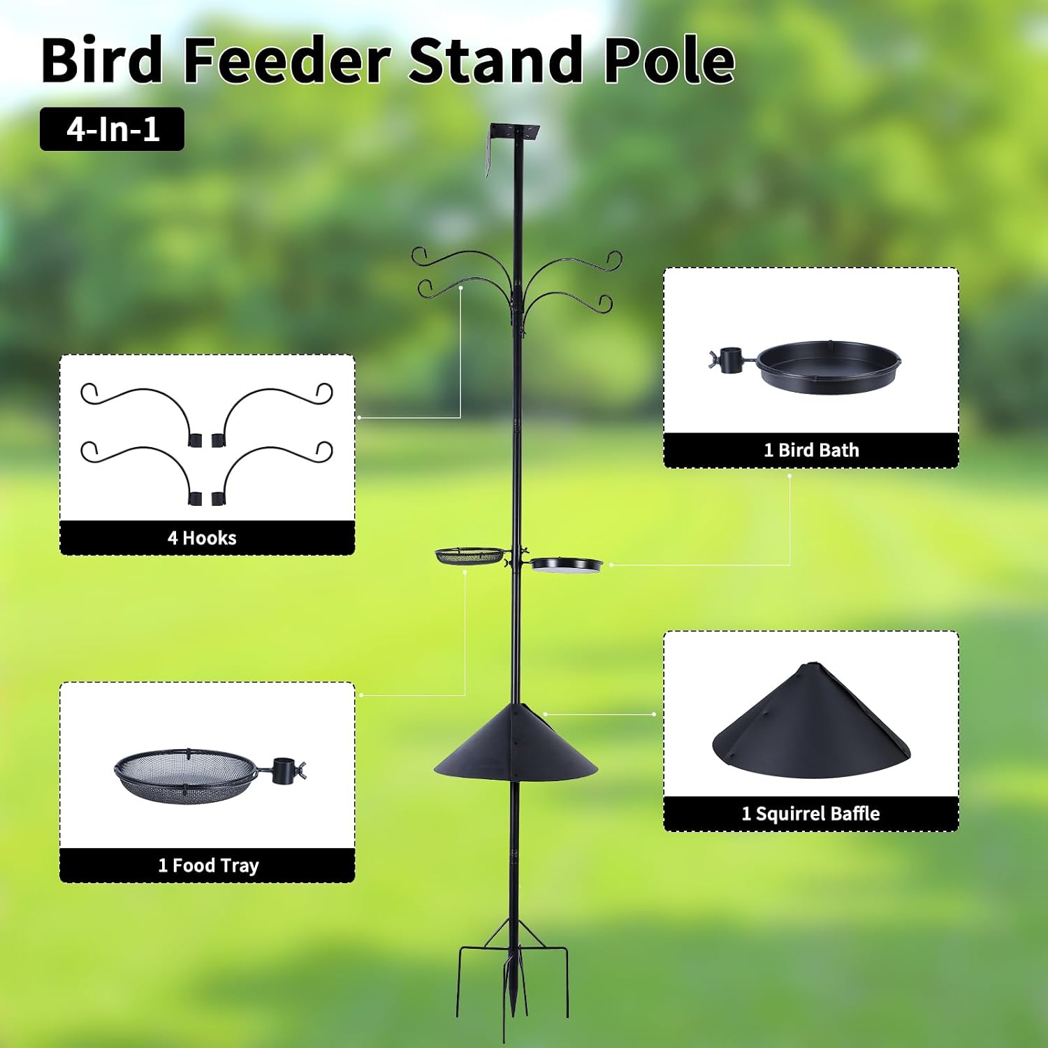 4 in 1 92 Inch Bird Feeder Pole with Squirrel Baffle | With Bath, Food Tray, 4 Hooks and Holds Cage, Metal