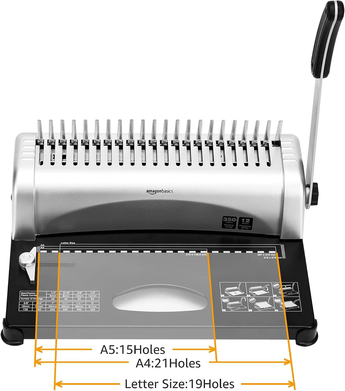 Comb Binding Machine, 350 Sheets Capacity, Punches 12 Sheets, for Paper Sizes A5(15 holes)/Letter(19 holes)/A4(21
