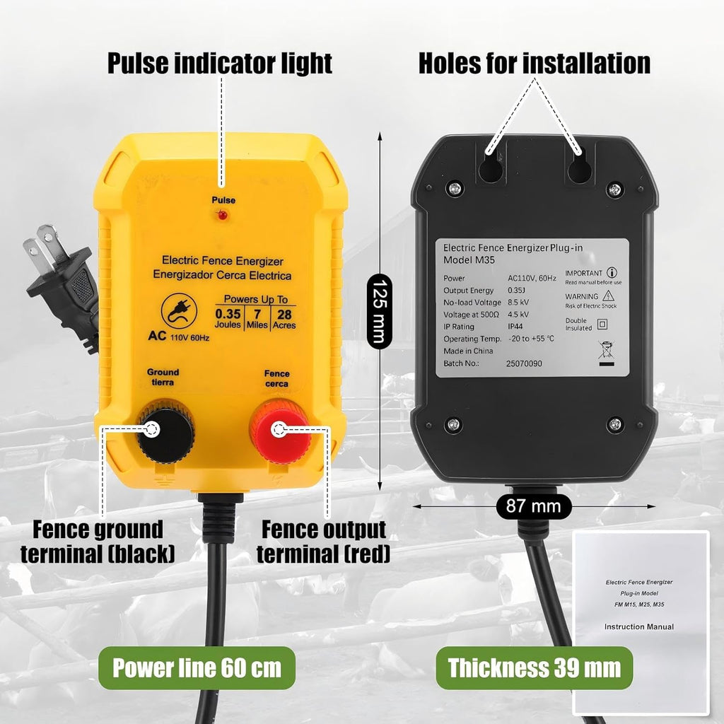 Electric Fence Charger Kit 0.35 J 7 Mile 50 Insulators 250ft Wire | 110V AC Range for Chickens Pets Poultry, Kit with