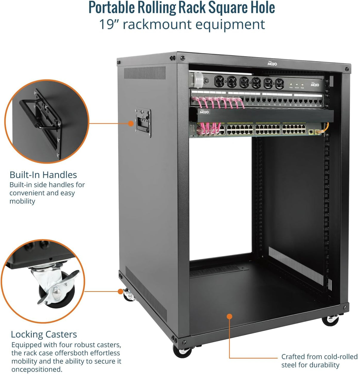 Tecmojo 15U Portable Rolling Network Rack, 4-Post Mobile Open Frame Server Rack with Wheels, Free Standing Server Cabinet for Computer/Data/AV/IT Equipment/Network Equipment