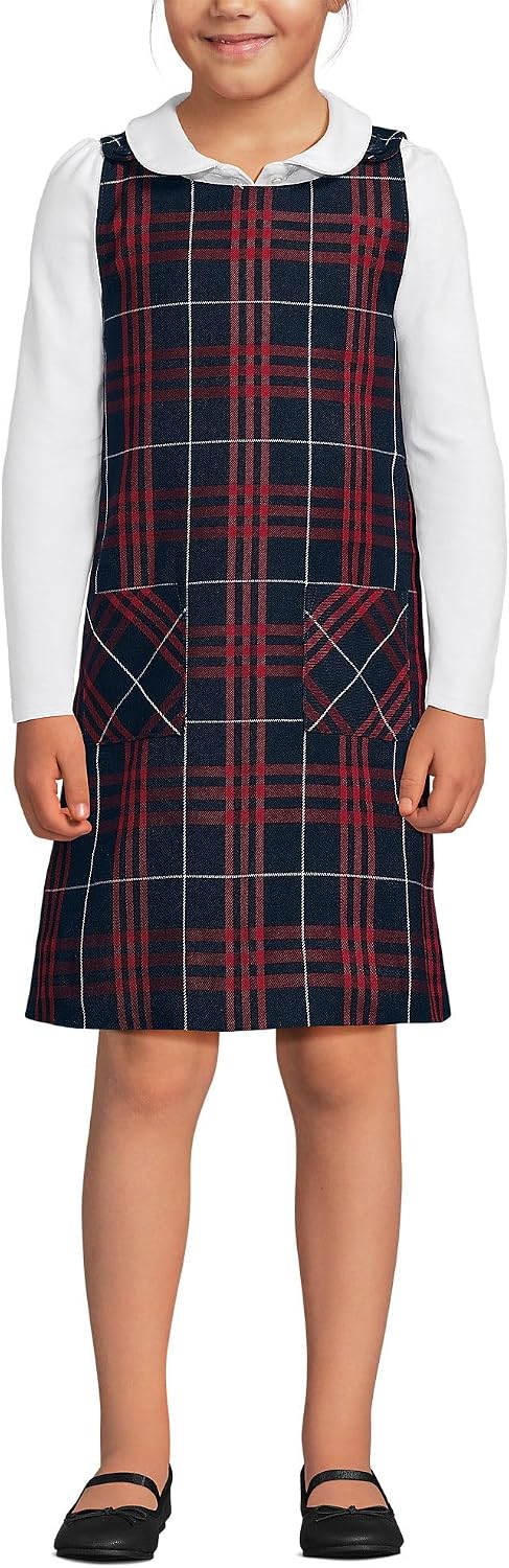 Girls Plaid Button Shoulder Patch Pocket Jumper 3 Classic Navy Large Plaid
