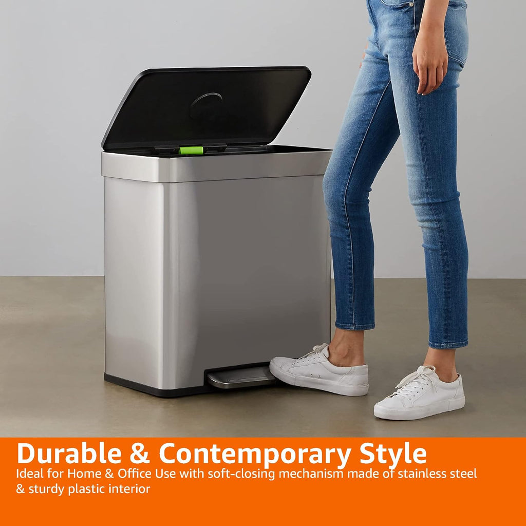Dual Compartment Recycling Trash Can with Soft-Close Lid, Fingerprint Resistant, Removable Liner Buckets, 60 Liters