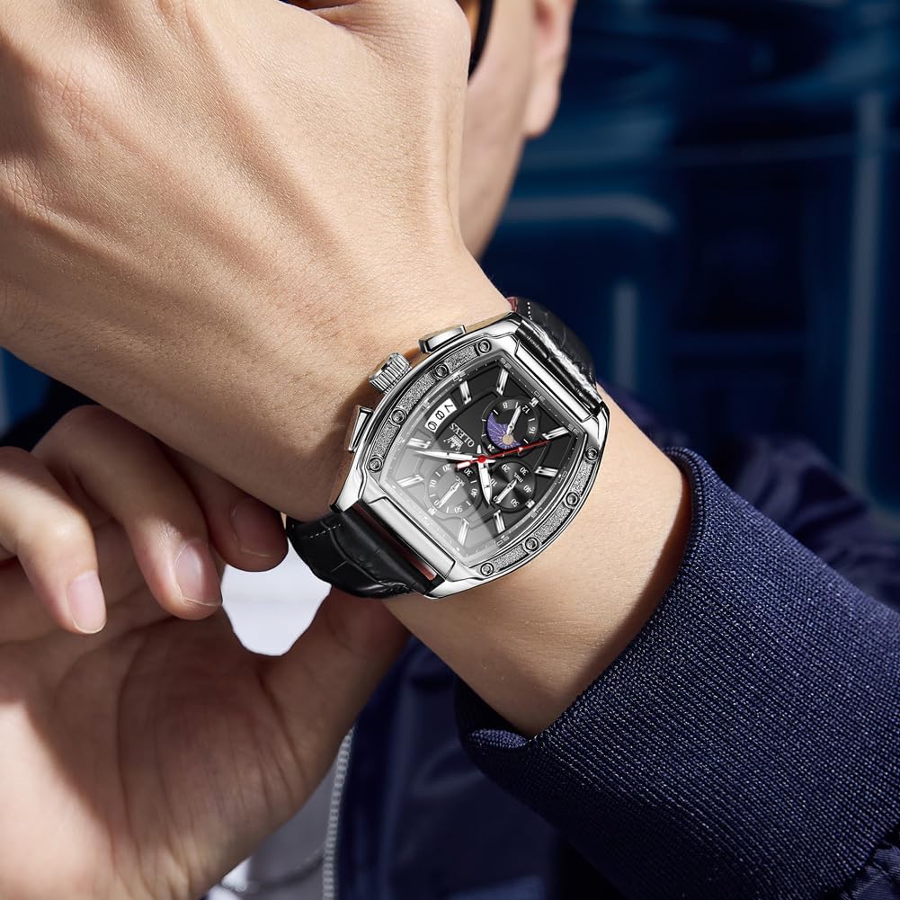 Mens Watches Analog Quartz Chronograph Square Dress Watch for Man Stainless Steel or Leather Band Waterproof Luminous