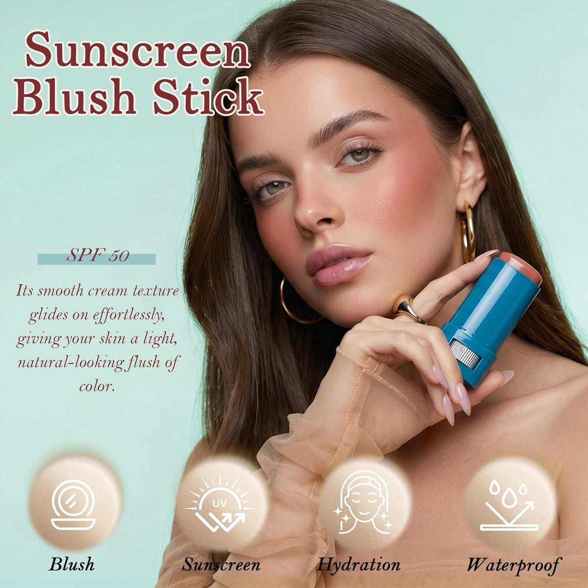 Sunscreen Blush Stick for Cheek & Lip SPF 50 Blendable Cream Color Balm, 01