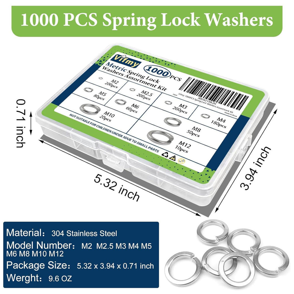 Metric Split Spring Lock Washer Assortment Kit M2-M12 304 SS 1000Pcs