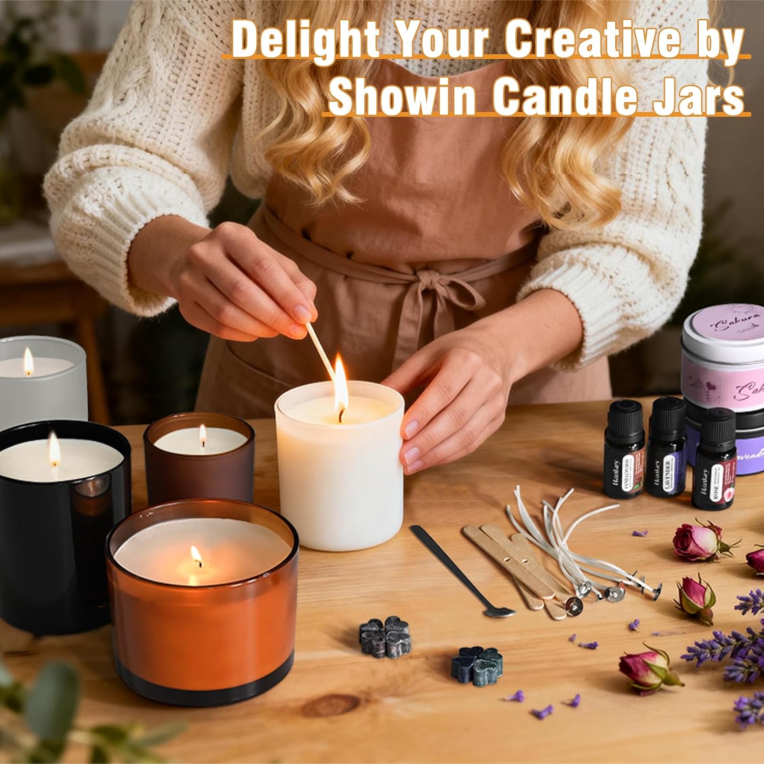 8 OZ Thick Candle Jars for Making Candles 15 Pcs, Empty Amber Jars with Wood Lids for Candle Making, Sample