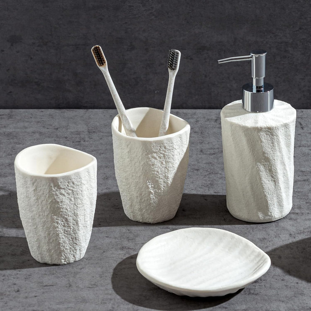 Bathroom Accessories Set, 4 PCS Modern Stone Texture, White | Minimalist, Resin, with Liquid Soap Dispenser 11.5 OZ