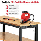 60" Heavy Duty Workbench, Adjustable Height Garage Work Bench with Solid Rubberwood Top, Storage Shelf & Power