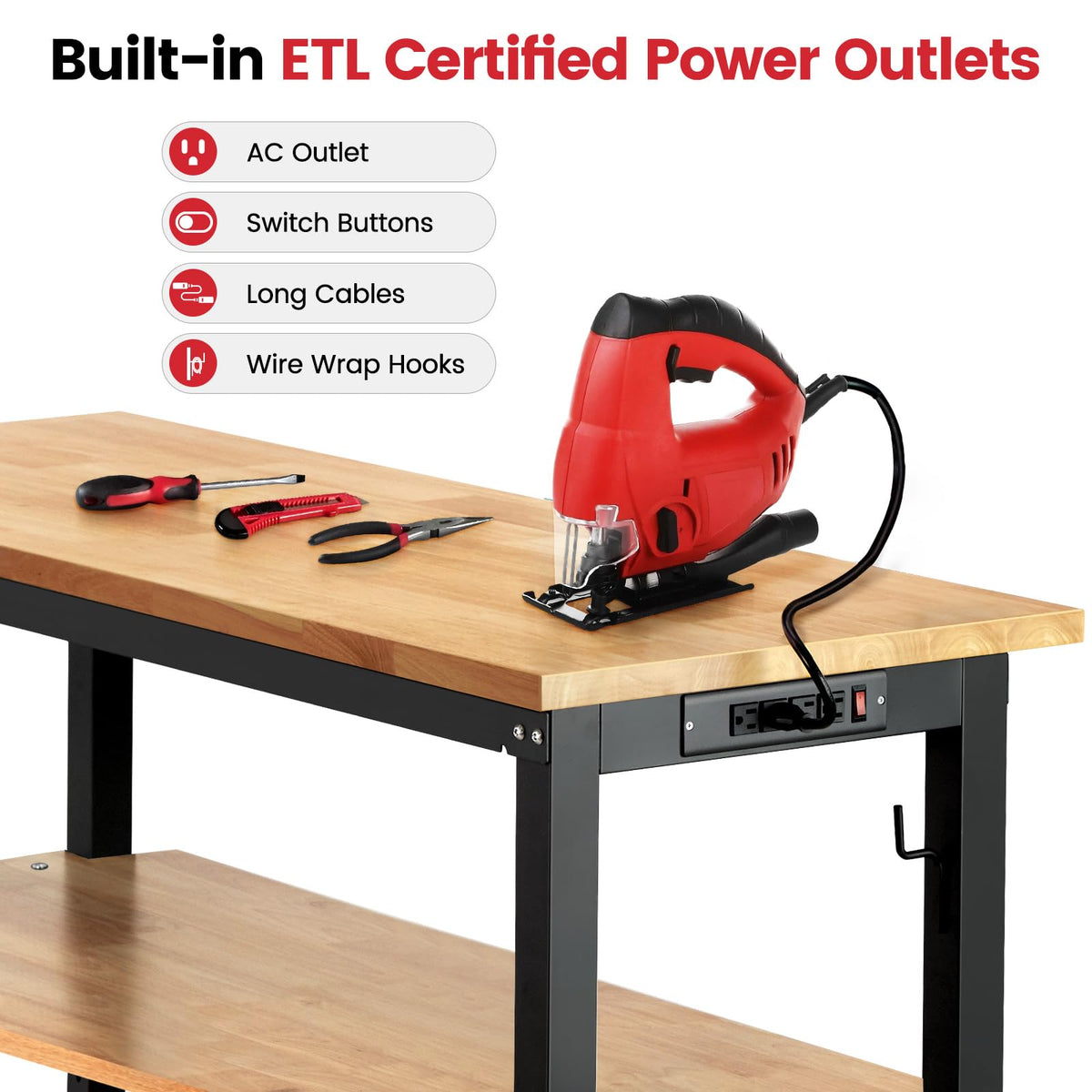 60" Heavy Duty Workbench, Adjustable Height Garage Work Bench with Solid Rubberwood Top, Storage Shelf & Power