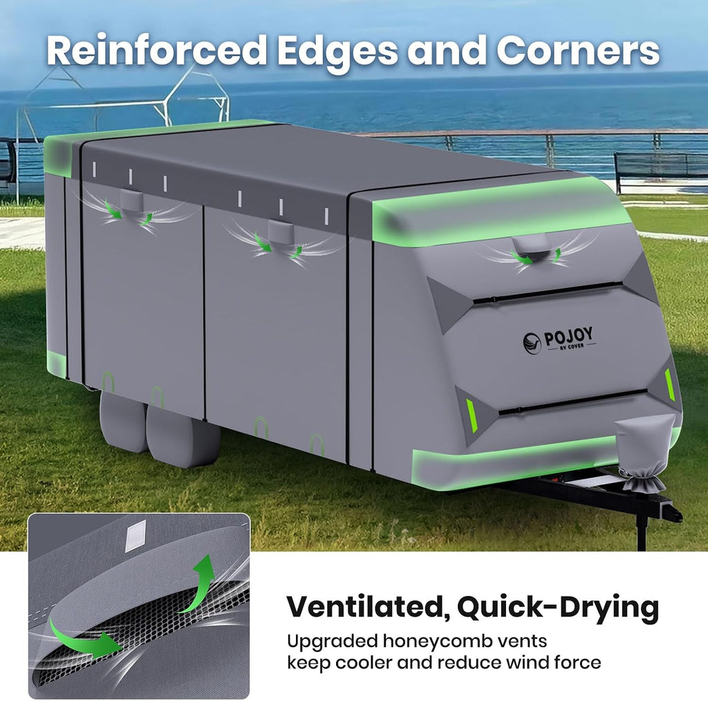 Waterproof Windproof RV Travel Trailer Cover, Anti-Rip Anti-UV 600D Oxford Fabric Camper Cover - with Tongue Jack