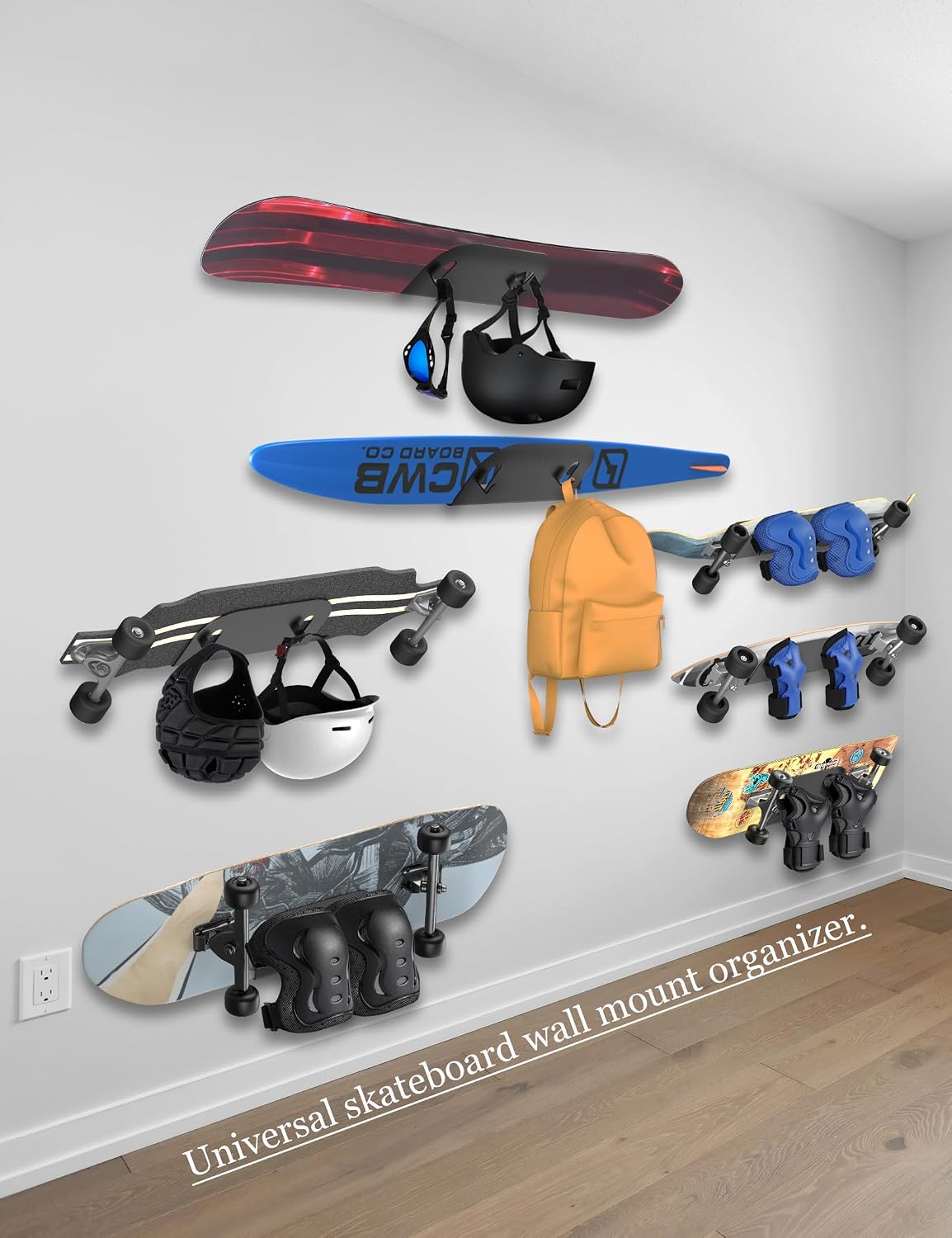 Wall Mount Holder for Skateboard/Snowboard/Longboard, Skate Deck Wall Mount Fit for Scooters/Skis Wall Hanger