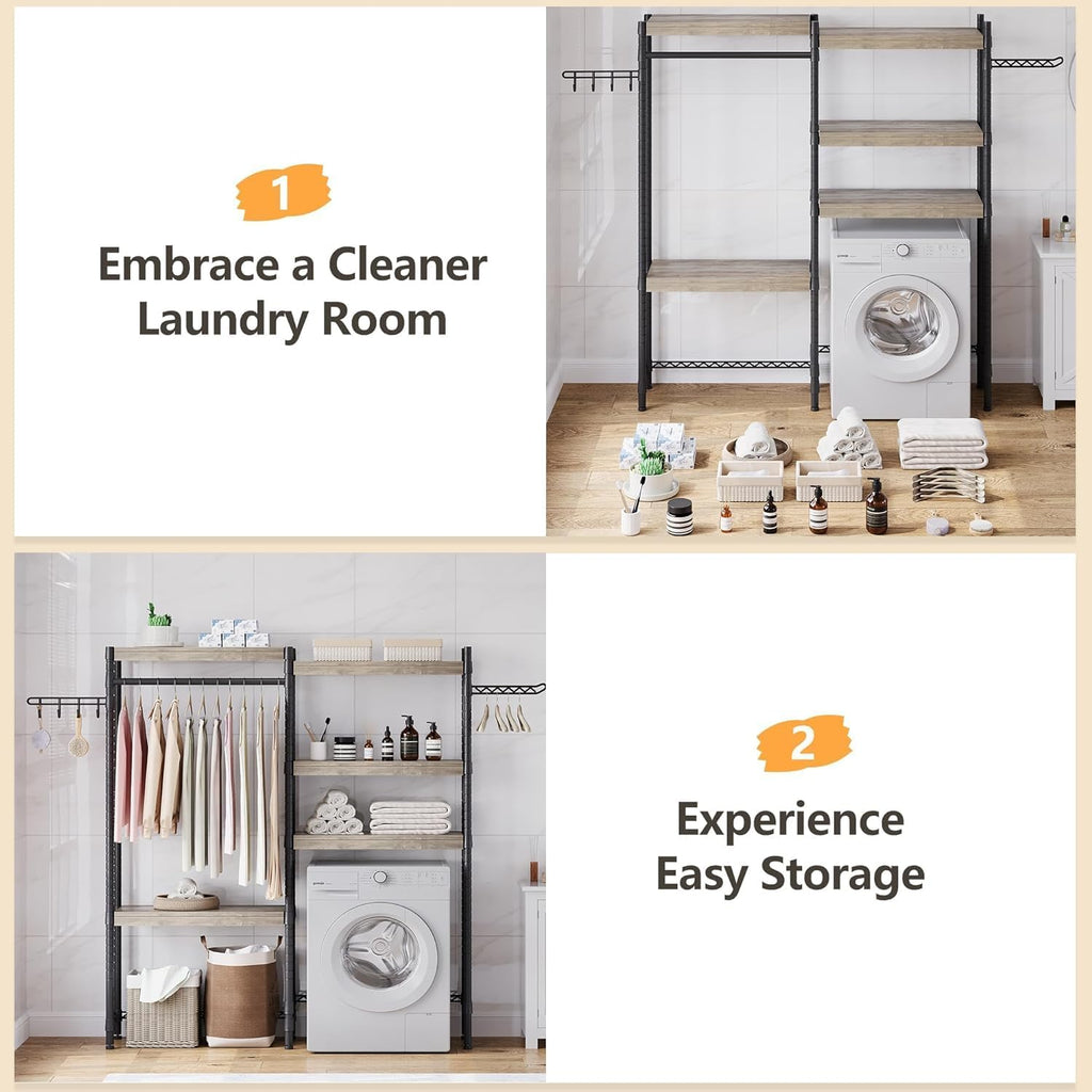 5-Tier Over-The-Washer Storage Shelf - Adjustable Height Laundry Organizer with Double-Layer Wood Shelves