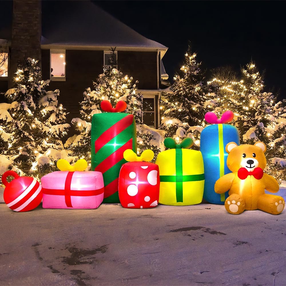 10FT Giant Christmas Inflatables Outdoor Decorations Gift Boxes and Bear,Blow up Yard Decorations with LED Light for