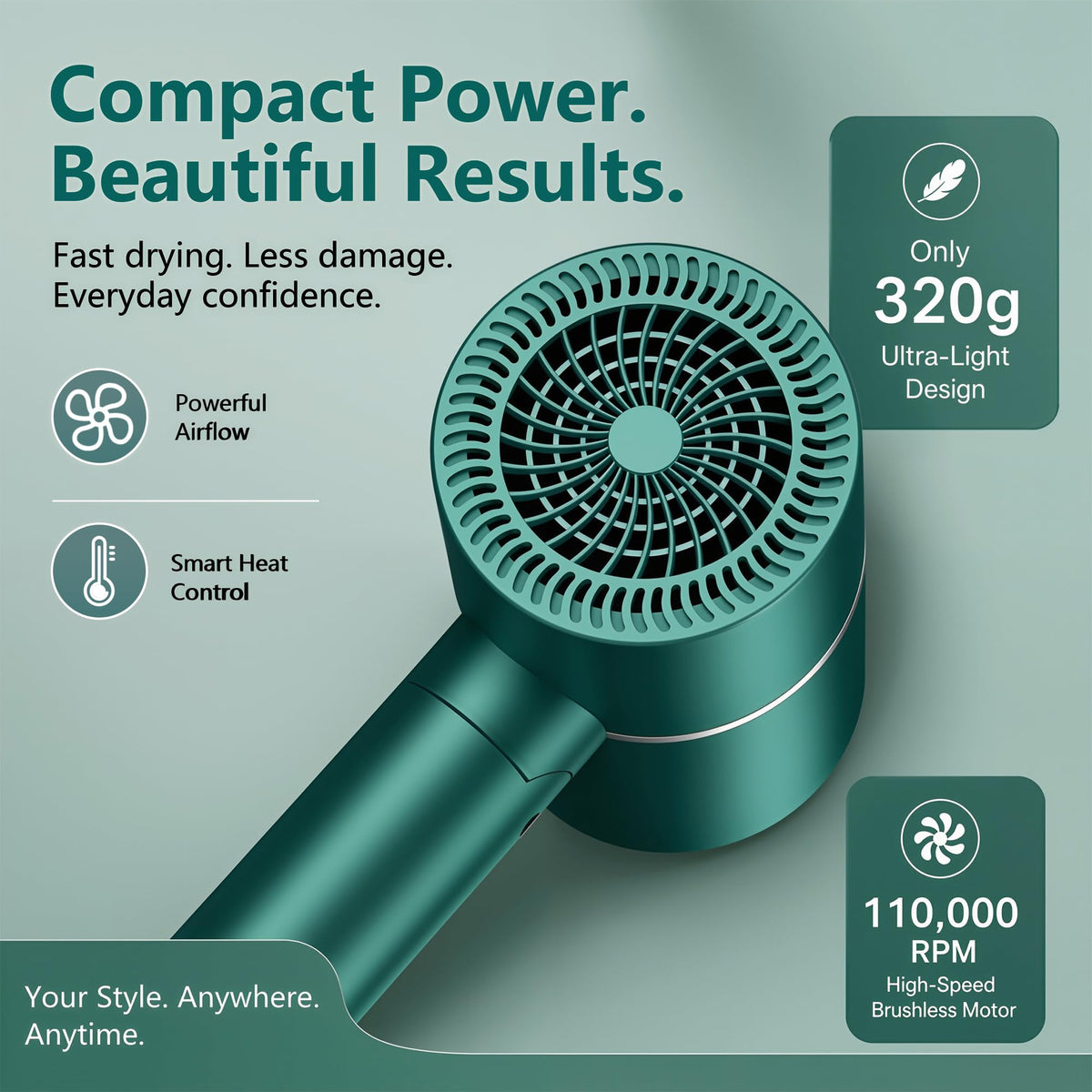 Foldable Ionic Hair Dryer with Diffuser, 1875W Green