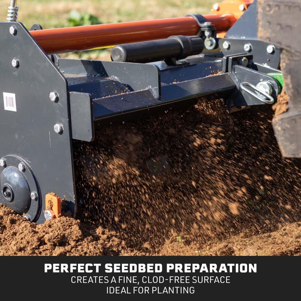 3 Point 72" Rotary Tiller Attachment Fits Cat 1 Tractors, Charcoal Finish, Single Speed PTO Driven Cultivator with a