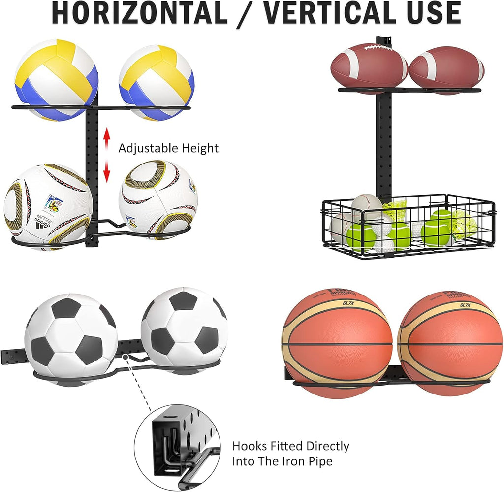 8 Tier Detachable Wall Mounted Basketball Rack, Vertical/Horizontal Football Holder, Holds 14 Balls DIY 1/2/3/4