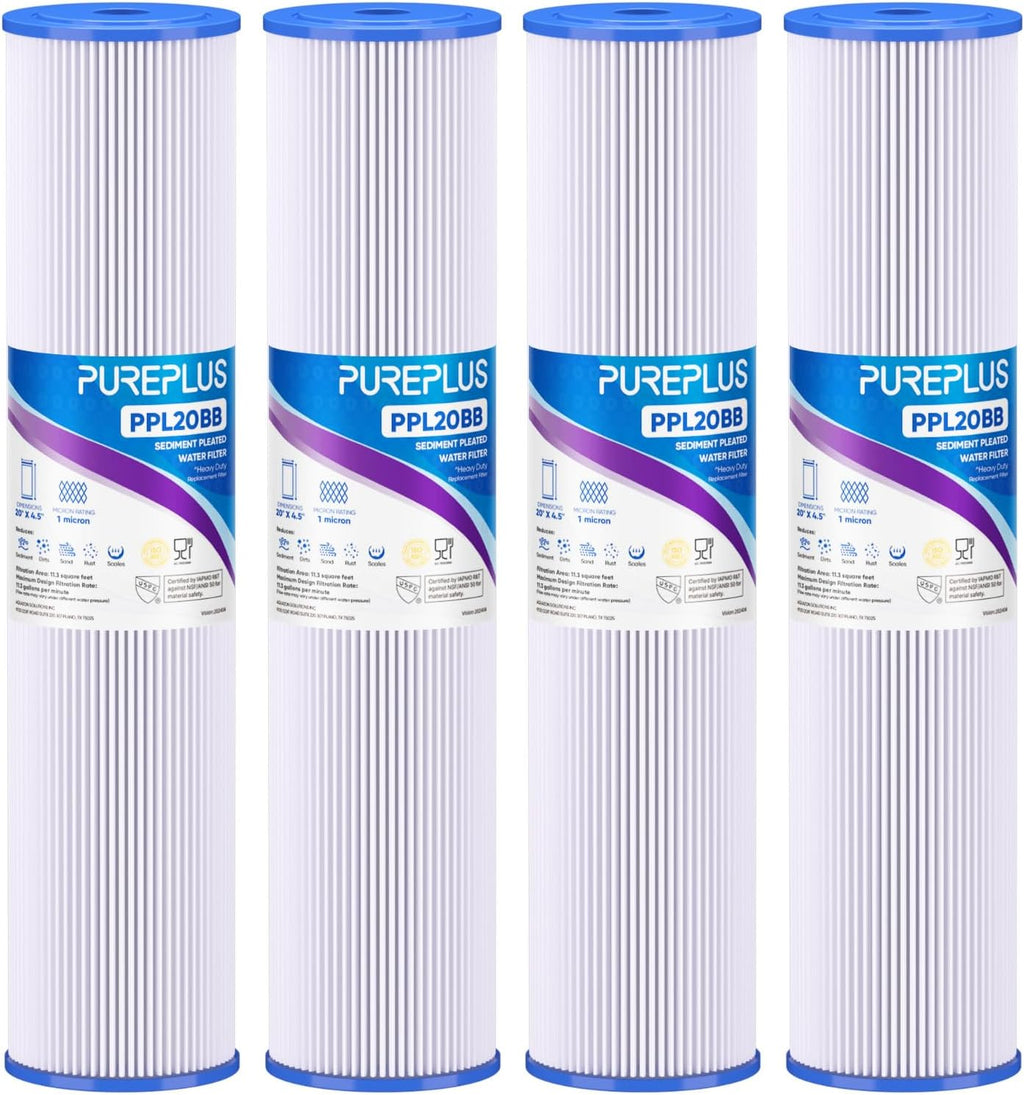 PUREPLUS 1 Micron 20"x4.5" Whole House Pleated Sediment Filter, 4 Pack