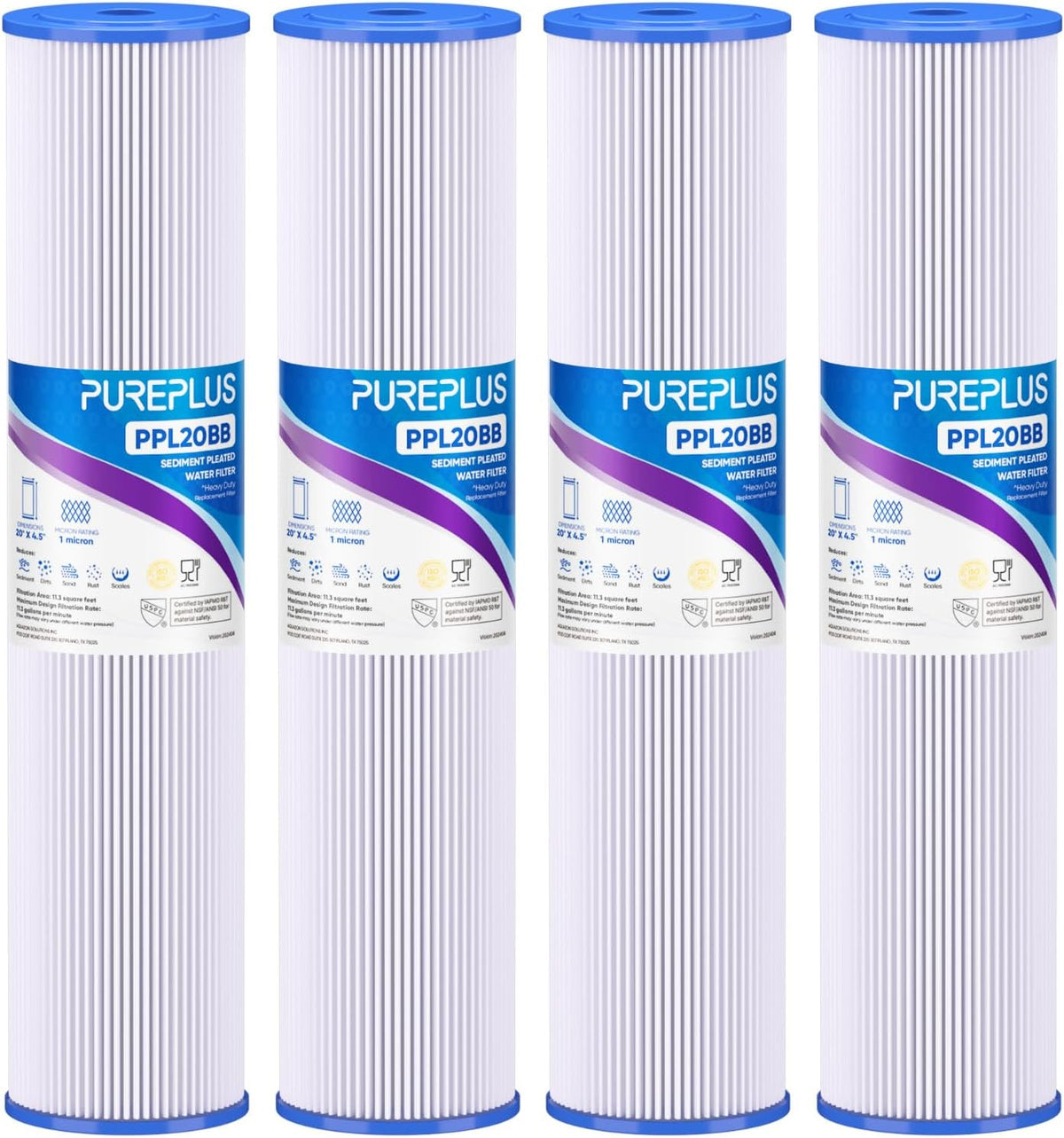 PUREPLUS 1 Micron 20"x4.5" Whole House Pleated Sediment Filter, 4 Pack
