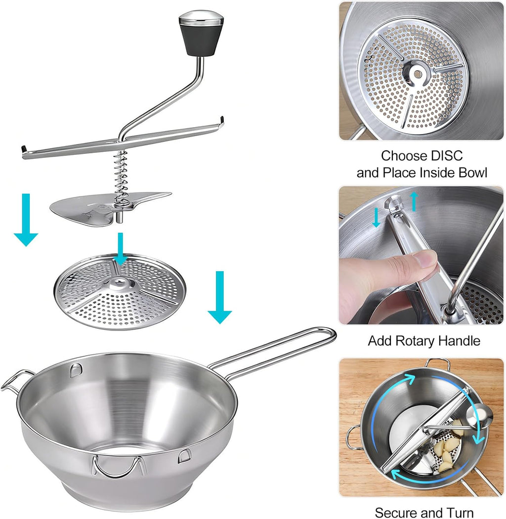 Stainless Steel Food Mill with 3 Grinding Discs - Rotary Hand Crank for Tomato Sauce, Mashed Potatoes, Applesauce