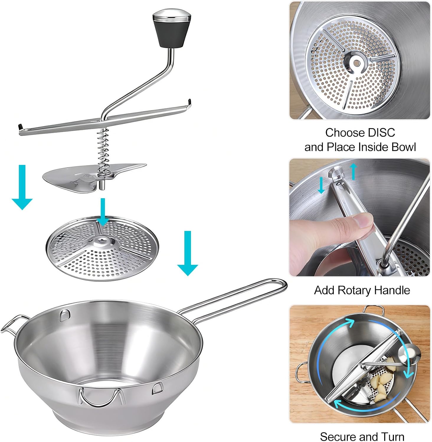 Stainless Steel Food Mill with 3 Grinding Discs - Rotary Hand Crank for Tomato Sauce, Mashed Potatoes, Applesauce