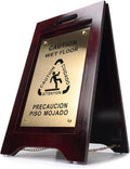 Wooden Caution Wet Floor Sign, Bilingual, Non-Skid Feet, Brass Plate | Premium wet floor sign w/ bilingual warning