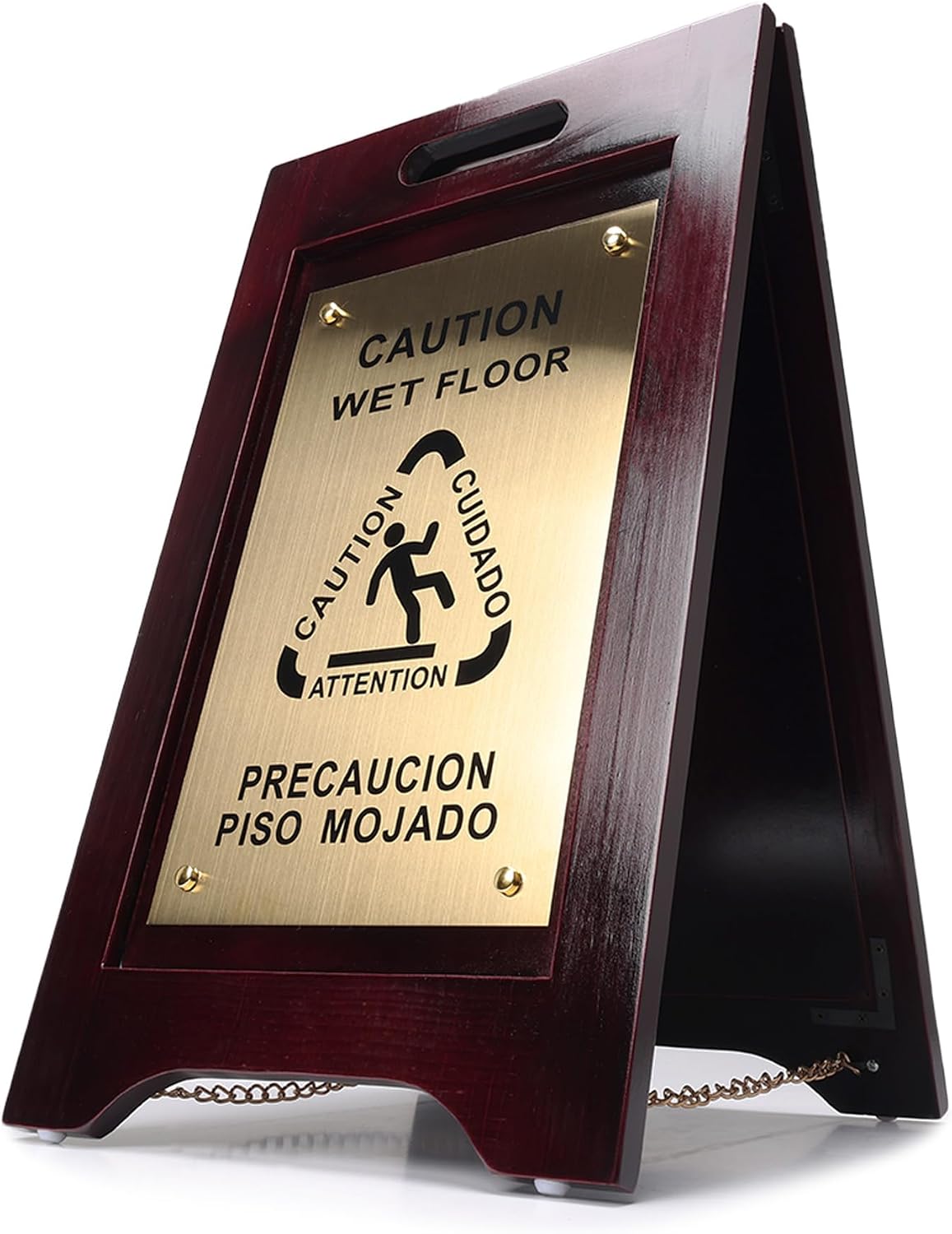 Wooden Caution Wet Floor Sign, Bilingual, Non-Skid Feet, Brass Plate | Premium wet floor sign w/ bilingual warning