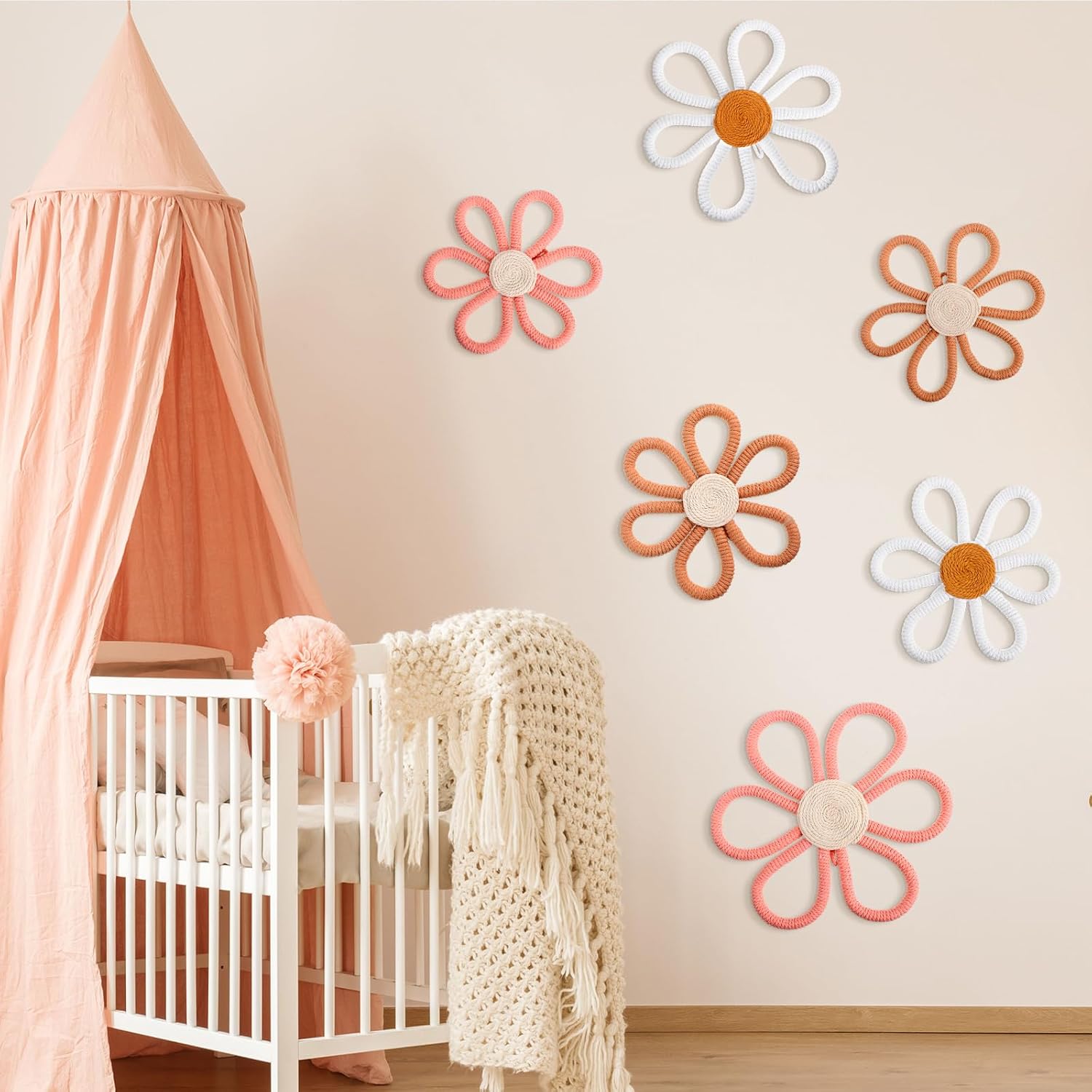 6 Pcs Boho Nursery Decor Daisy Flower Woven Macrame Wall Hanging 3 Size Daisy Flower Wall Decor Bohemian Nursery
