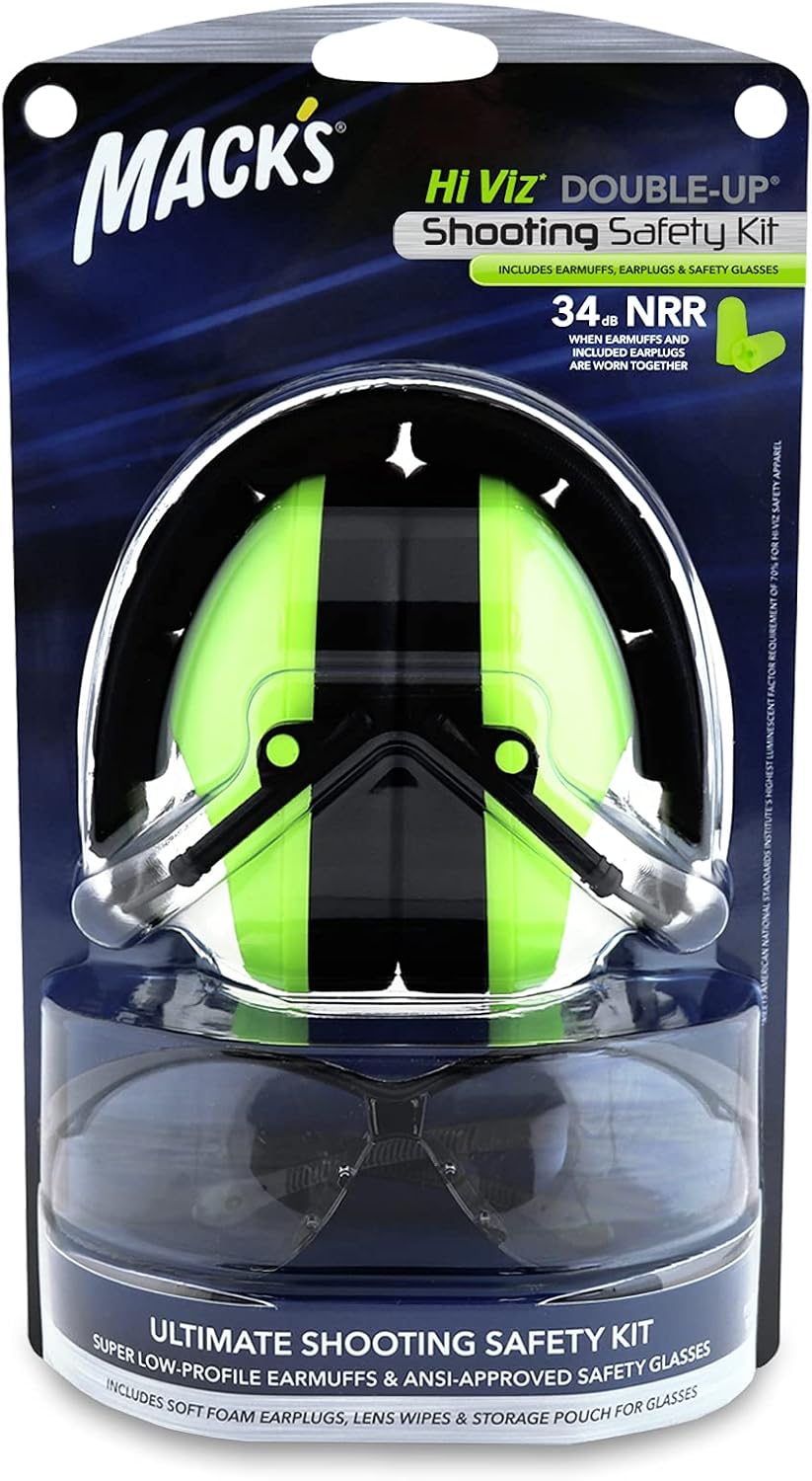 Double-Up Shooting Earmuff Safety Kit - Hi Viz Shooters Ear Muffs, Soft Foam Ear Plugs and Safety Glasses with