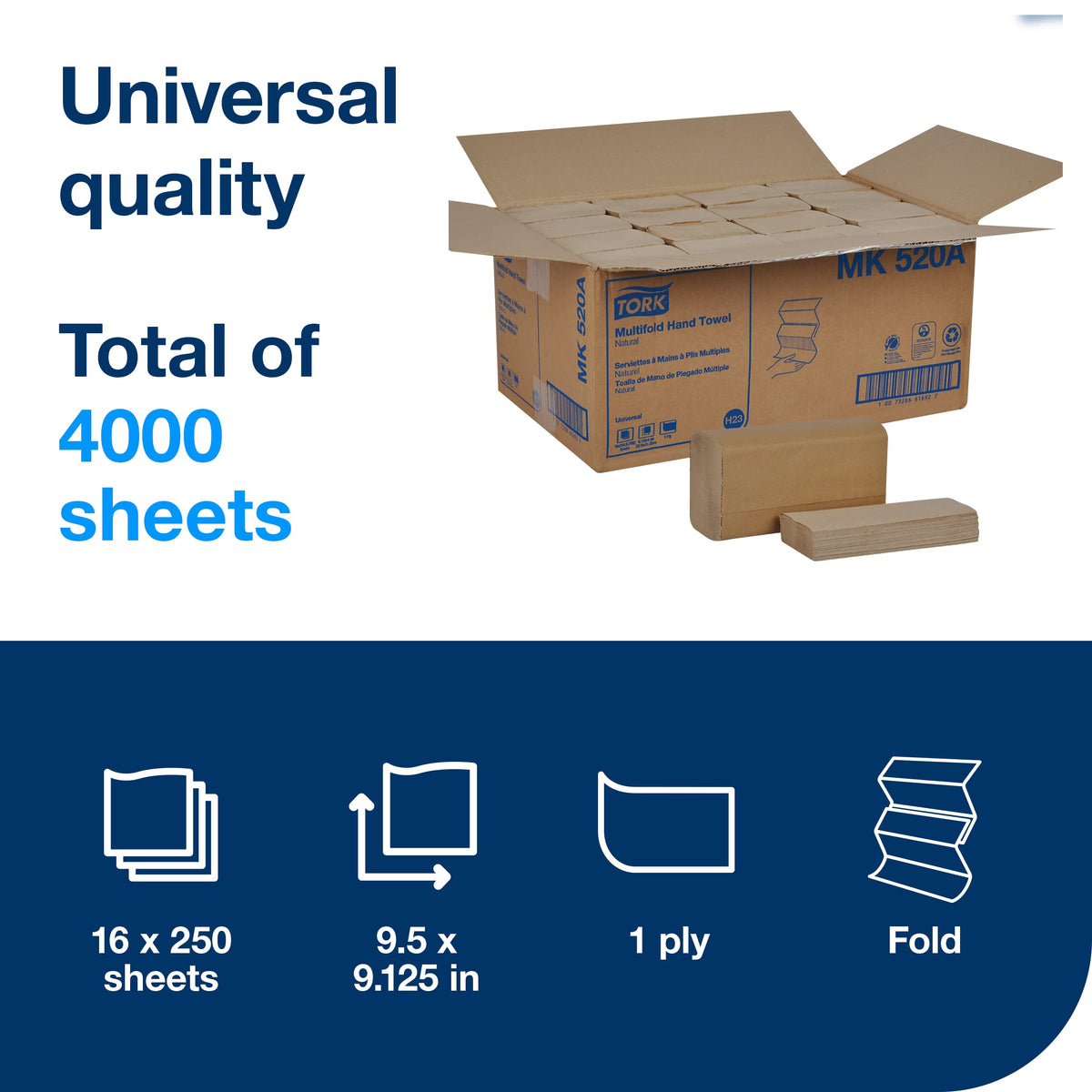 Multifold Hand Towel, Natural, 16 packs x 250 sheets, MK520A