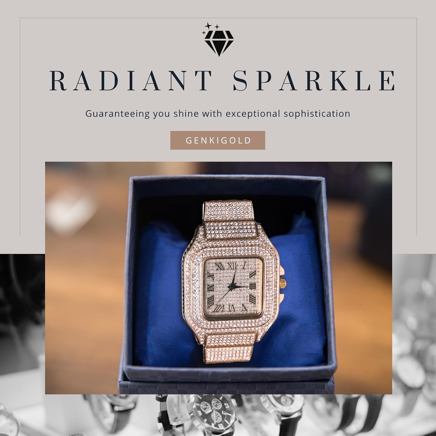 Diamond Watch for Men - 40mm Roman Numerals Square Dial - 18K Real Gold/Platinum/Rhodium Black/Rose Gold Plated 8.7"