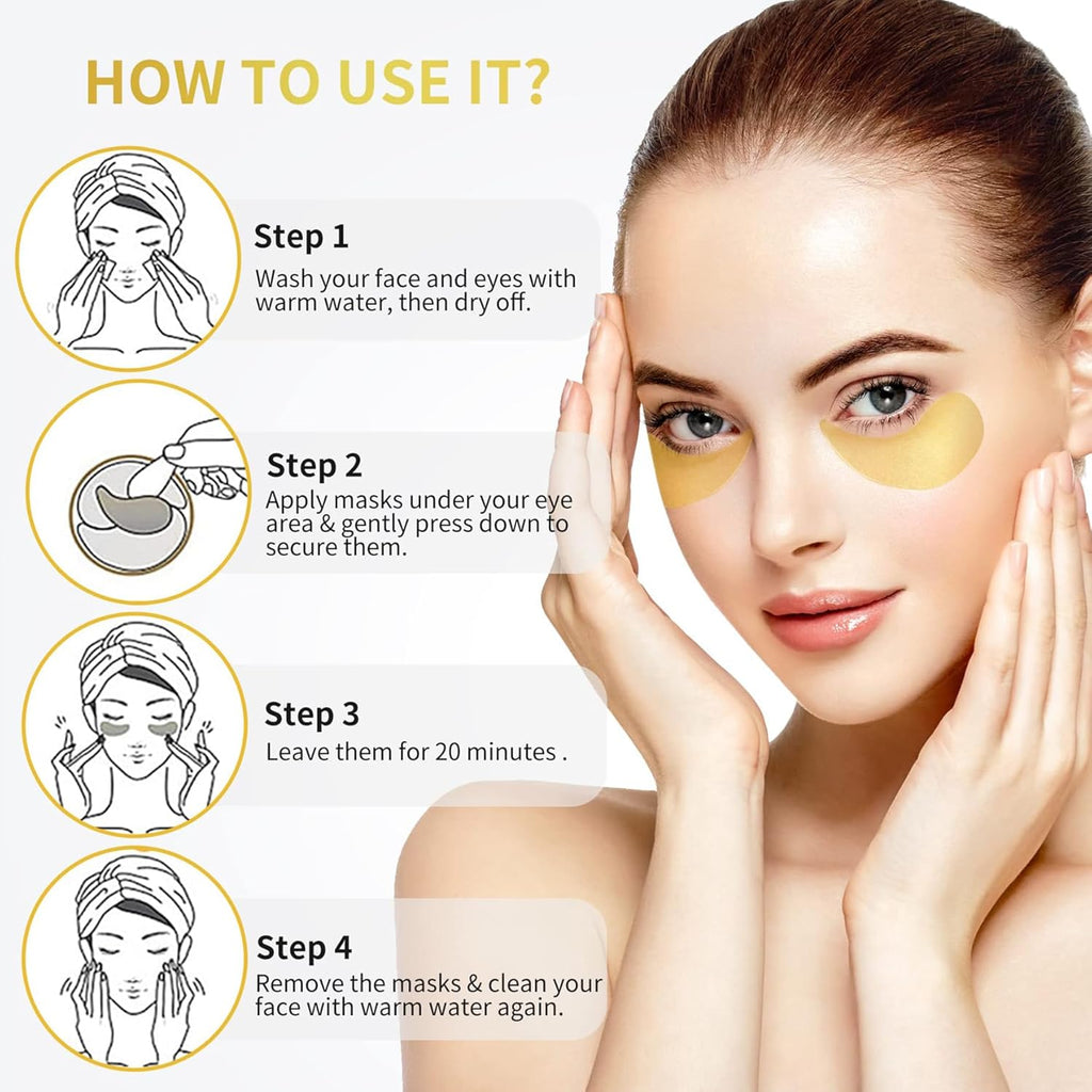 24K Gold Under Eye Patches - 60 Pack for Puffy Eyes, Dark Circles, Bags & Wrinkles with Collagen & Hyaluronic Acid