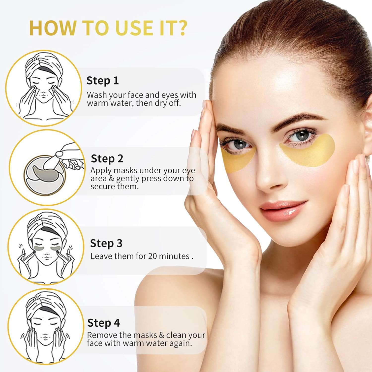 24K Gold Under Eye Patches - 60 Pack for Puffy Eyes, Dark Circles, Bags & Wrinkles with Collagen & Hyaluronic Acid