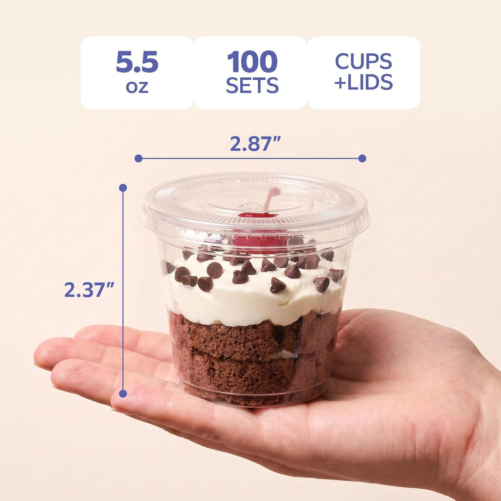 5.5 oz. Plastic Cups with Lids [100 Count] Desserts Containers