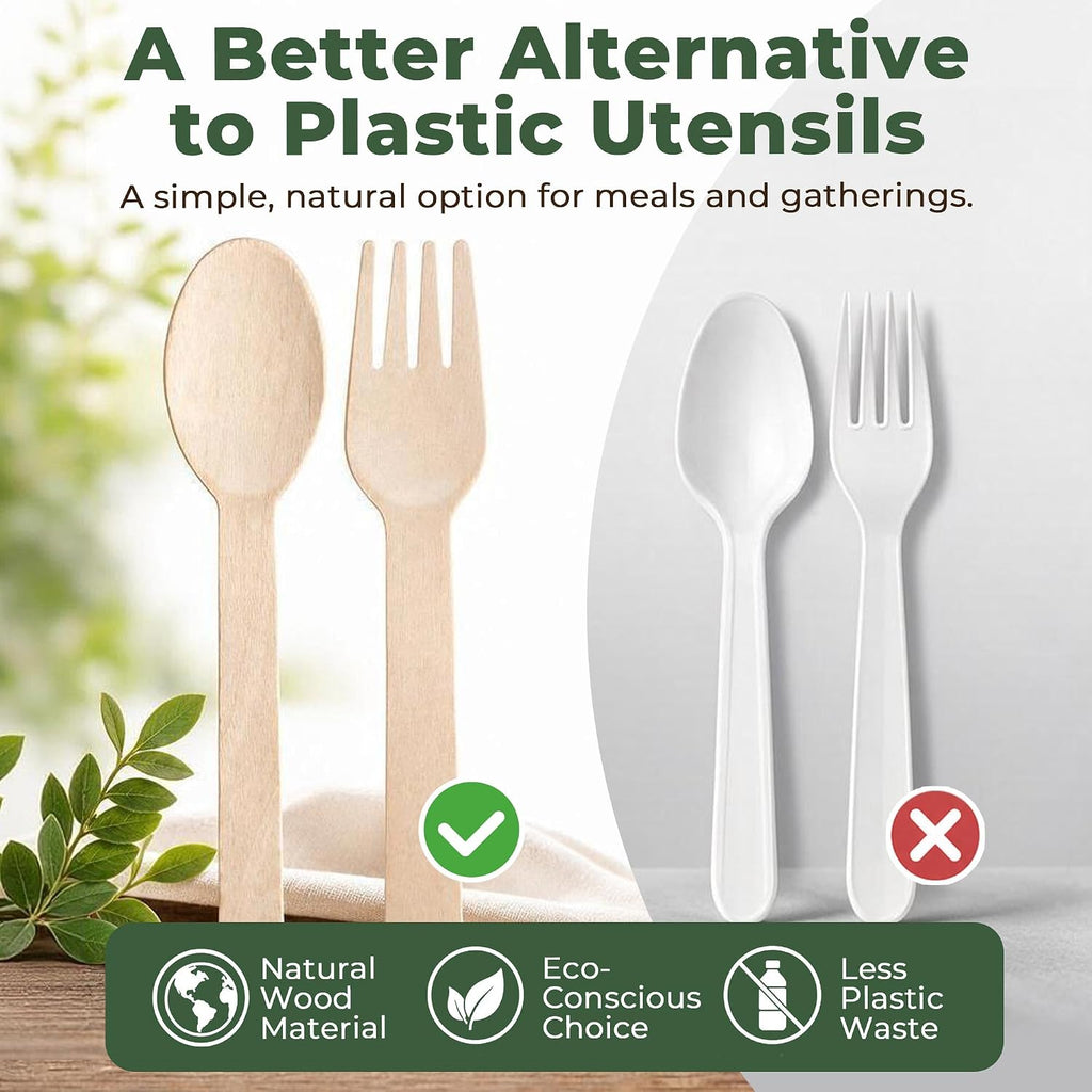100 Wooden Disposable Cutlery Set, Compostable Forks and Spoons