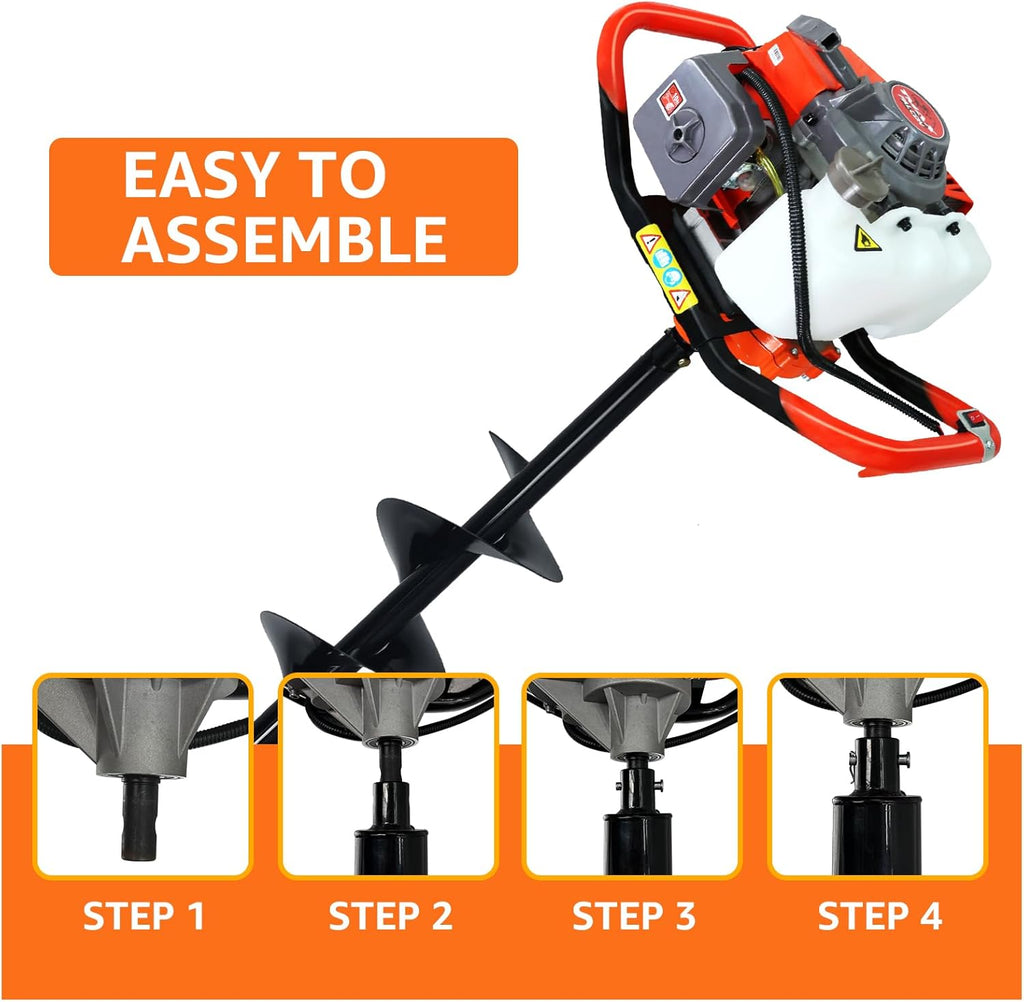 72CC Auger Post Hole Digger Gas Powered w/ 3 Bit & 2 Rods | 4" & 8" & 12" Auger Bits + 24" & 24" Extension Rod, Heavy
