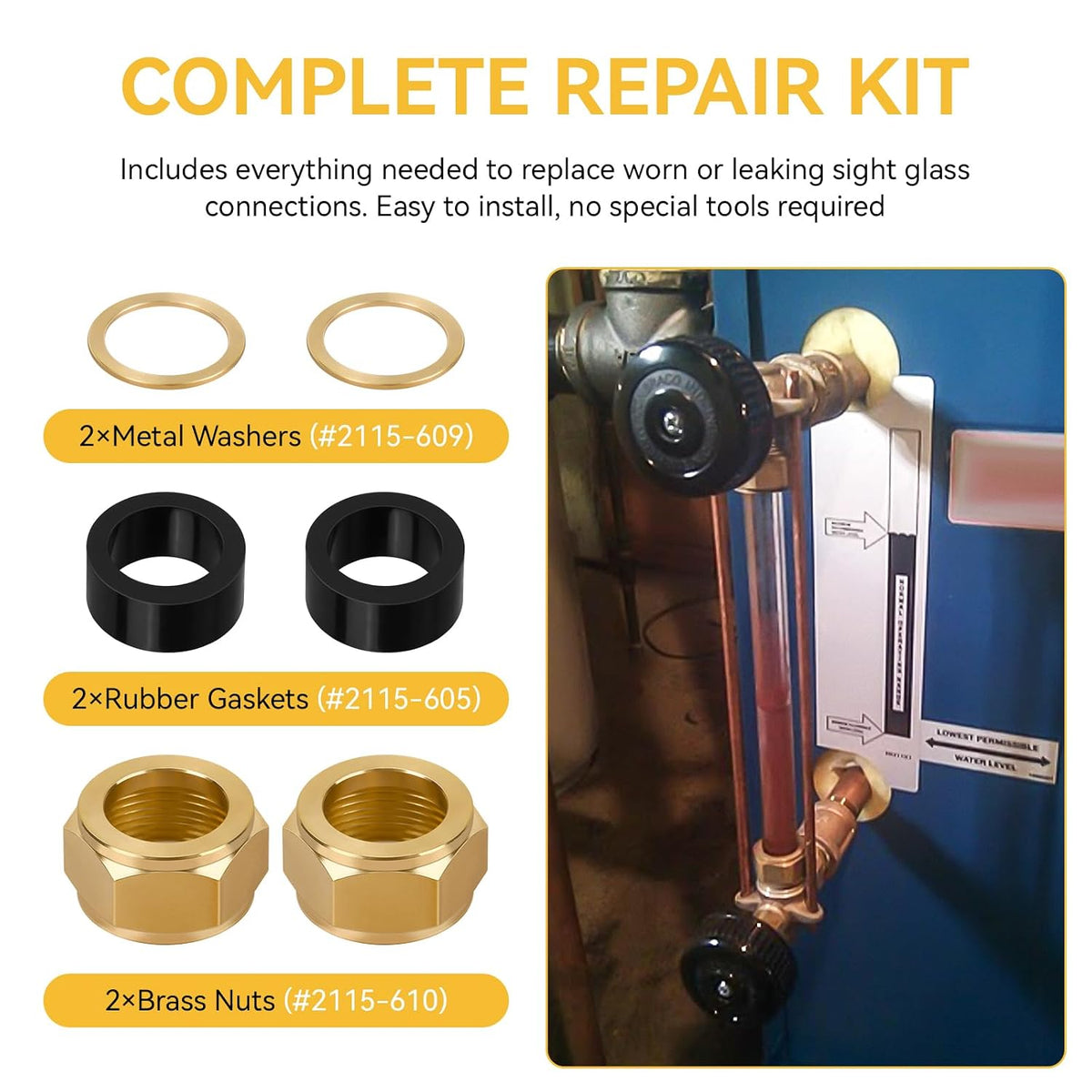 Sight Glass Steamer Parts 5/8" ID Gaskets, Washers, Brass Nuts Set