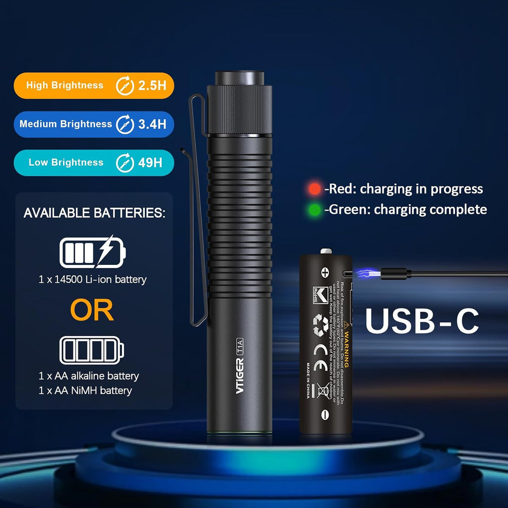 T1A Mini Pocket EDC Flashlight with Clip,1300 Lumen Compact AA Rechargeable LED Little Flashlights, Super Bright Tail