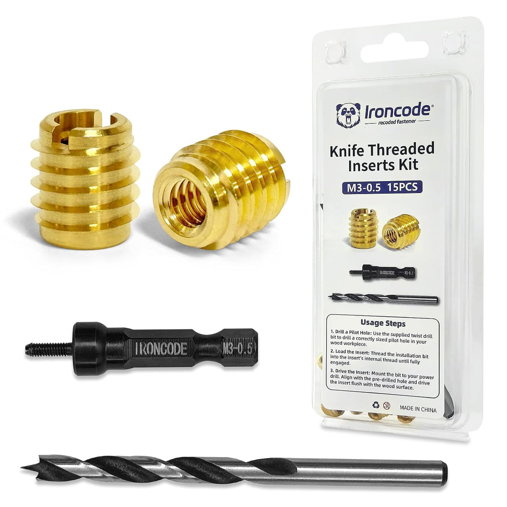 Threaded Inserts for Wood, Installation Kit, Brass, Includes M3-0.5 Knife Thread Inserts (10pcs), Drill, Installation Tool