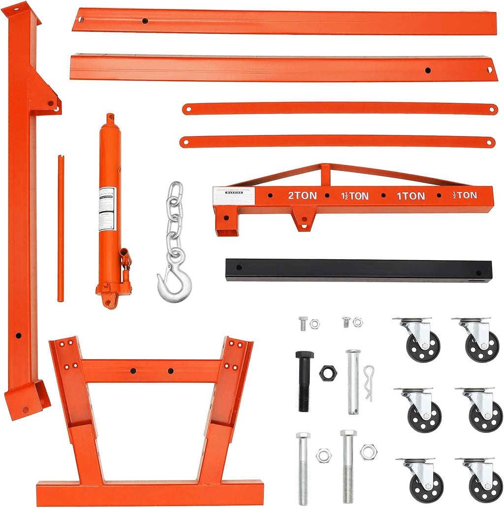 2-Ton Folding Engine Hoist Cherry Picker 4400 Lb Capacity Hydraulic Shop Crane with Telescoping Boom 6 Caster Wheels