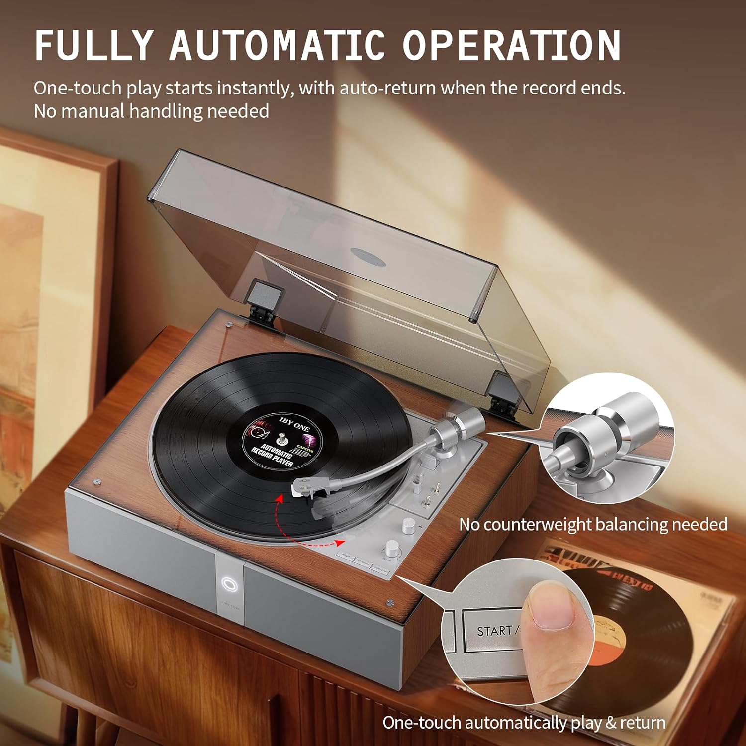 1 BY ONE Fully Automatic Record Player, All-in-One Vinyl Turntable | Automatic Repeat Function, Remote Control, Built