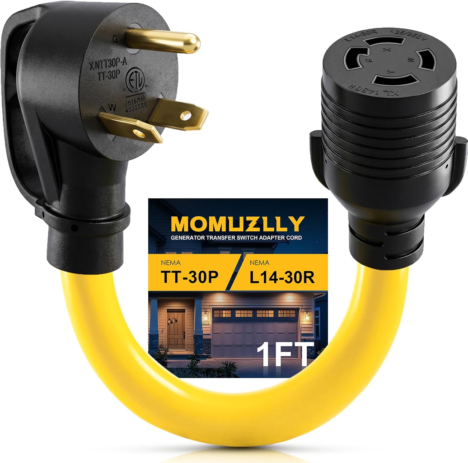 NEMA TT-30P to L14-30R Generator Adapter Cord, 30 Amp 3 Prong to 4 Prong Generator Plug Adapter, Generator Transfer