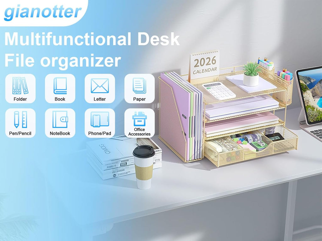 Desk Organizers and Accessories with File Holder, 4-Tier Desk Accessories & Workspace Organizers with Drawer and 2