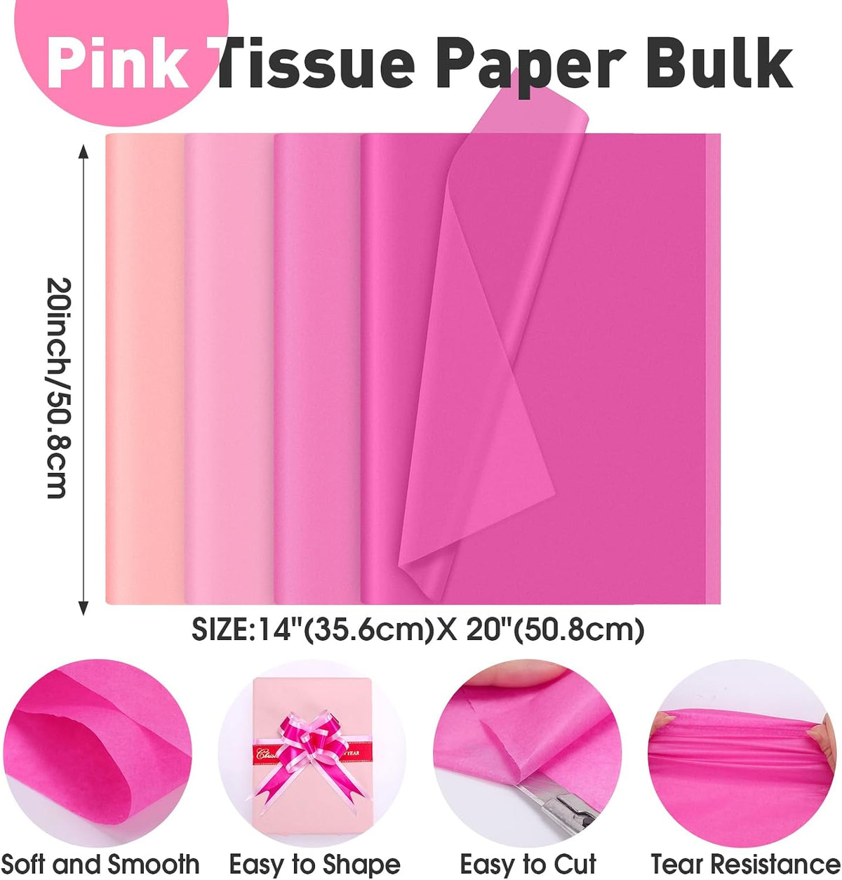 200 Pcs Pink Tissue Paper for Gift Bags,14"X20" Tissue Paper Bulk