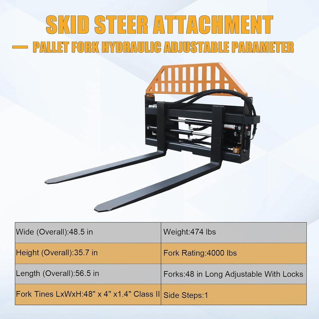 Hydraulic Pallet Forks – 48" Adjustable Tines, 4000 lbs Capacity | Universal Skid Steer Attachment with 2 Hydraulic