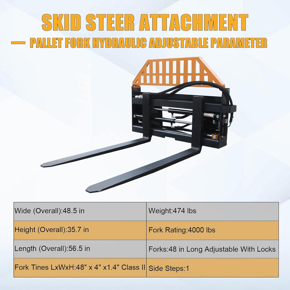 Hydraulic Pallet Forks – 48" Adjustable Tines, 4000 lbs Capacity | Universal Skid Steer Attachment with 2 Hydraulic