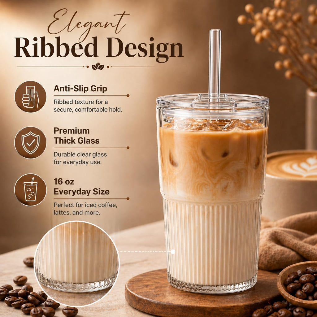 Ribbed Glass Cups with Lids and Straws (2 Pack), 16oz Iced Coffee Glass Tumbler, Leak Proof Coffee Cup To Go