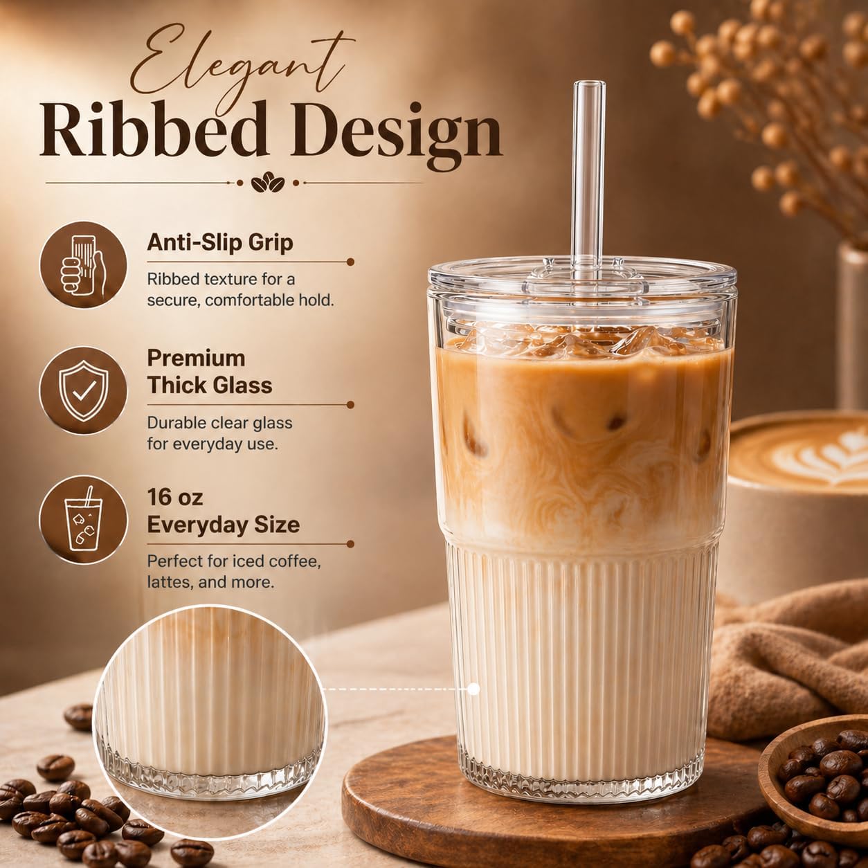 Ribbed Glass Cups with Lids and Straws (2 Pack), 16oz Iced Coffee Glass Tumbler, Leak Proof Coffee Cup To Go