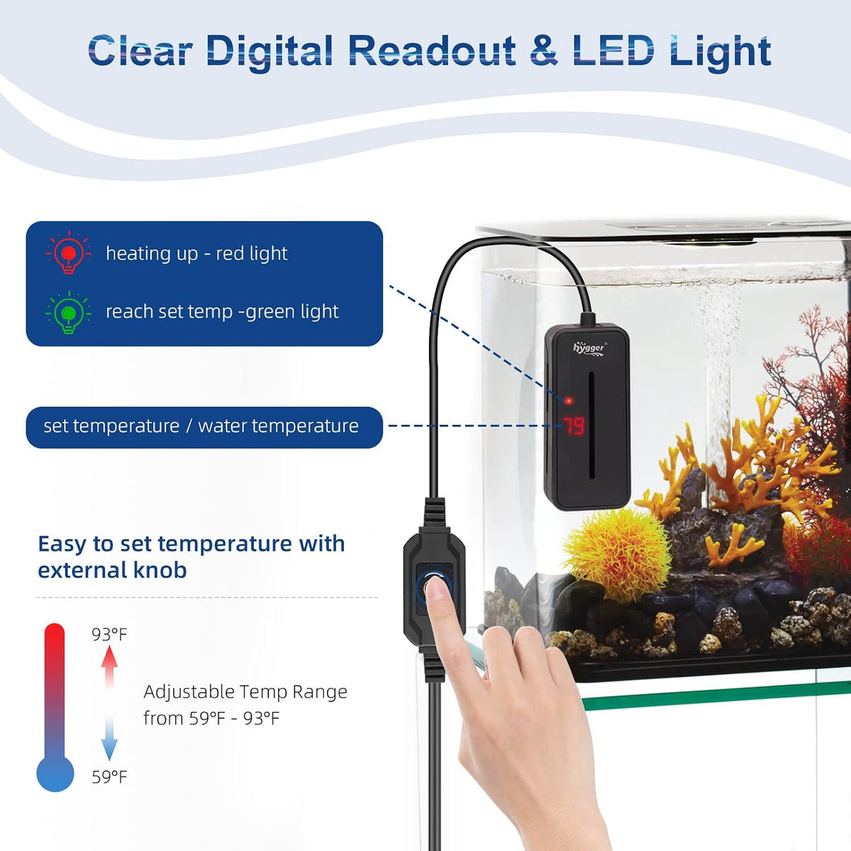 Small Submersible Aquarium Heater 100W Mini Betta Fish Tank Heater with LED Display Adjustable Temperature for 10-20