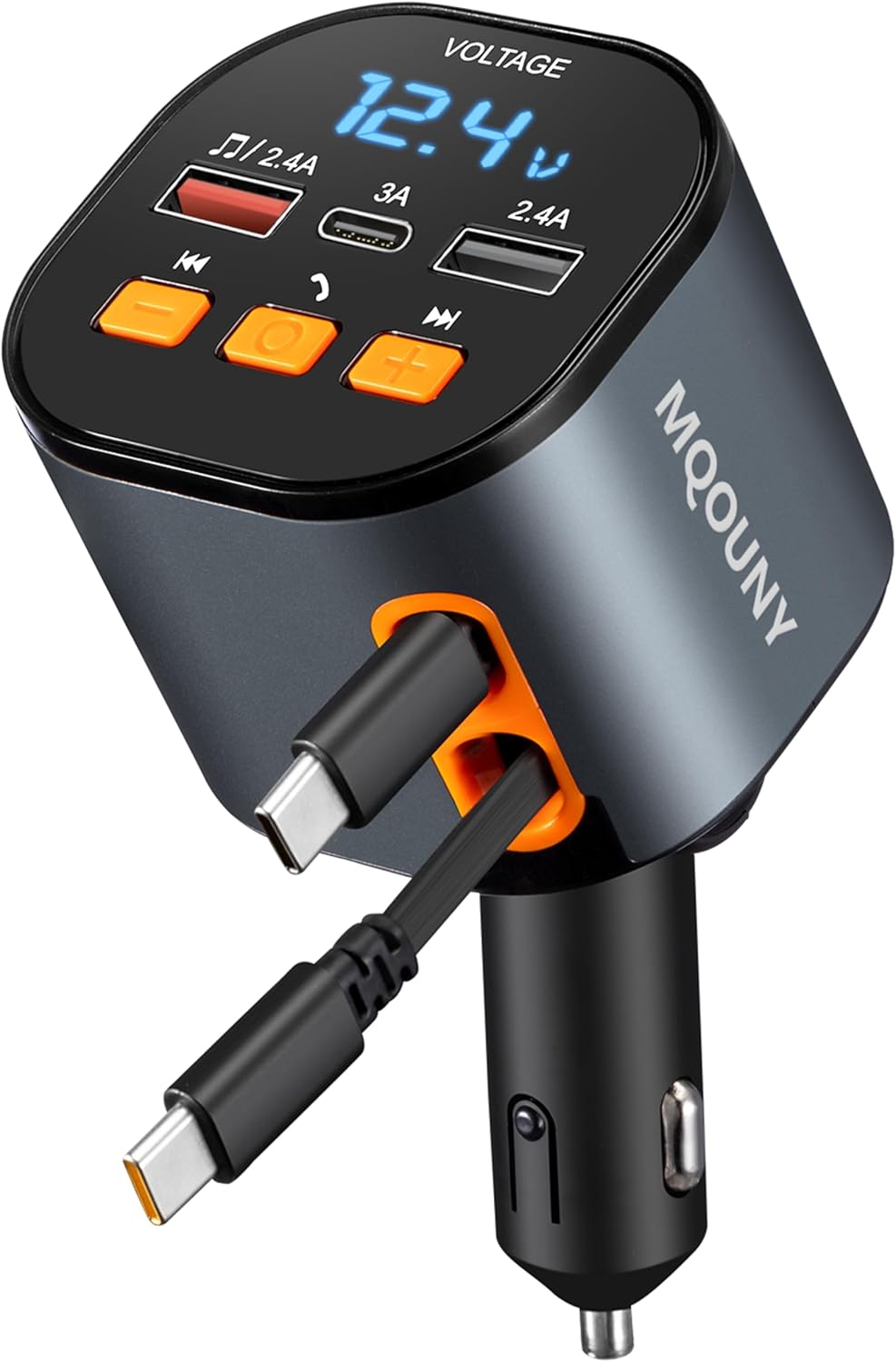 Retractable Car Charger,5 in 1 Fast Car Phone Charger 90W,Bluetooth 5.3 FM Transmitter Adapter,Handsfree Call,2