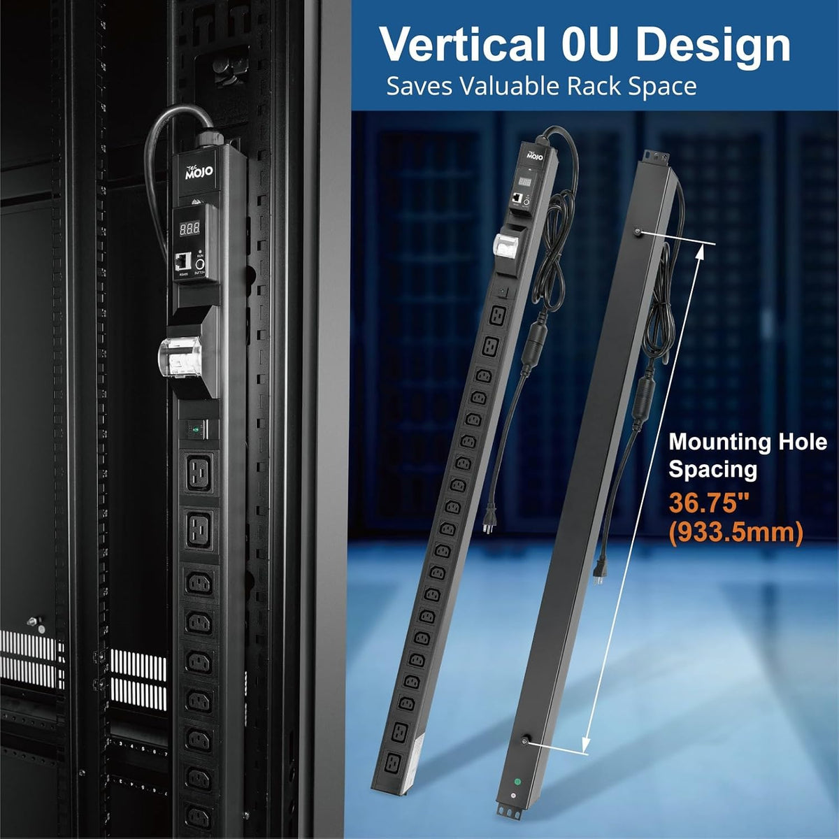 Tecmojo 20-Outlet 0U Metered Vertical PDU, 16 IEC C13 + 4 IEC C19, RS485 Modbus RTU (SKU# 13122002)